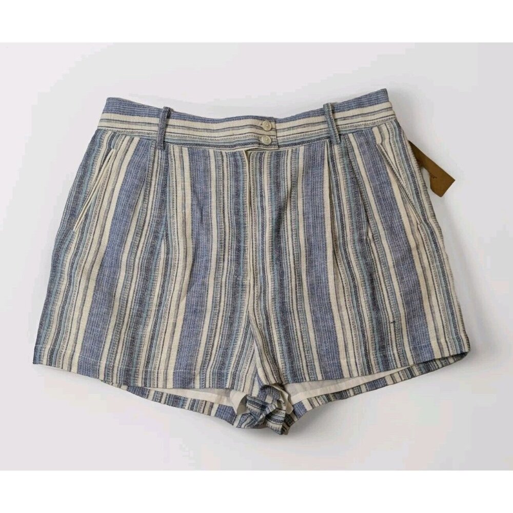 Cremieux Women Linen Blend Shorts 12 Blue Cream Stripe Lined Pockets Cruise NEW